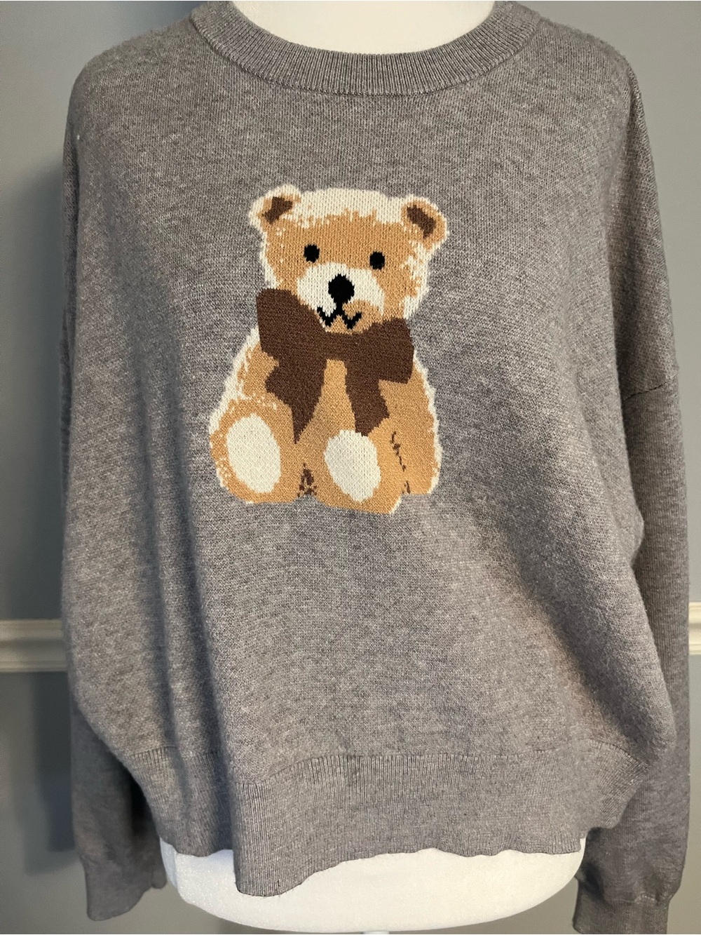 Gray Sweater with Teddy Bear Motif